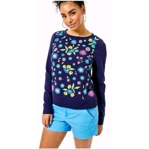 Lilly Pulitzer Rami Sweatshirt Tunic Top Floral Embroidered Cotton Navy Size M